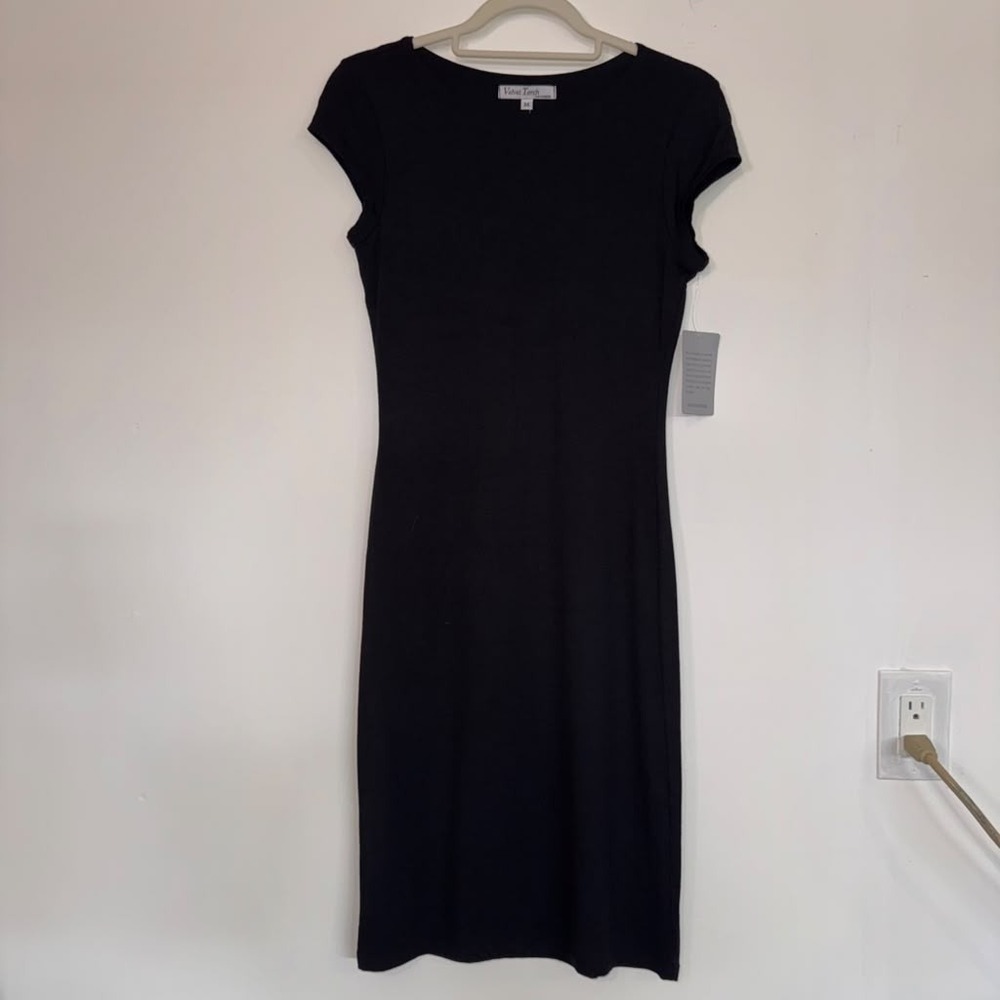 NWT Velvet Torch Black Bodycon Midi Dress Women's Sz M Cap Sleeve Strechy Lined